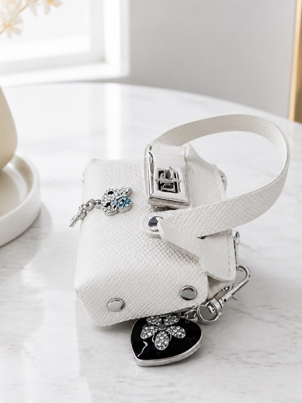 Cream Mini Satchel Bag with Crystal Charm - Picture 5 of 5